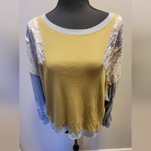 We The Free Mustard and Blue Patchwork Blouse